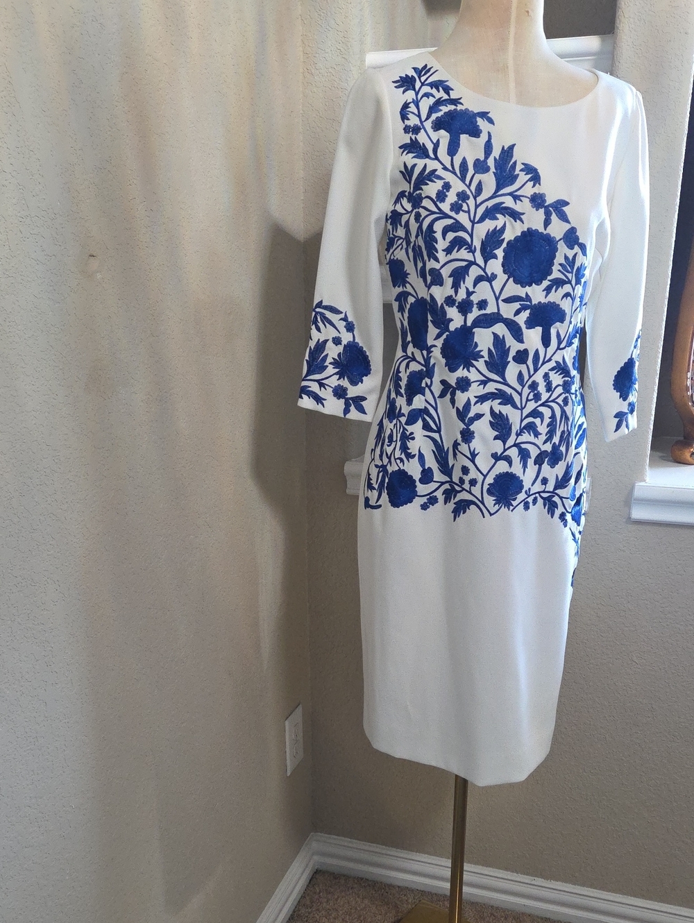 Alex Marie White Midi Dress with Cobalt Blue Floral Embroidery